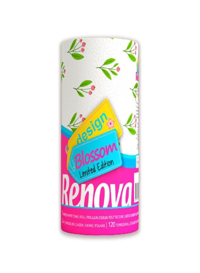 Renova Kitchen Paper Towels, Blossom Design, XXL Roll, 120 Sheets, White - Image 1